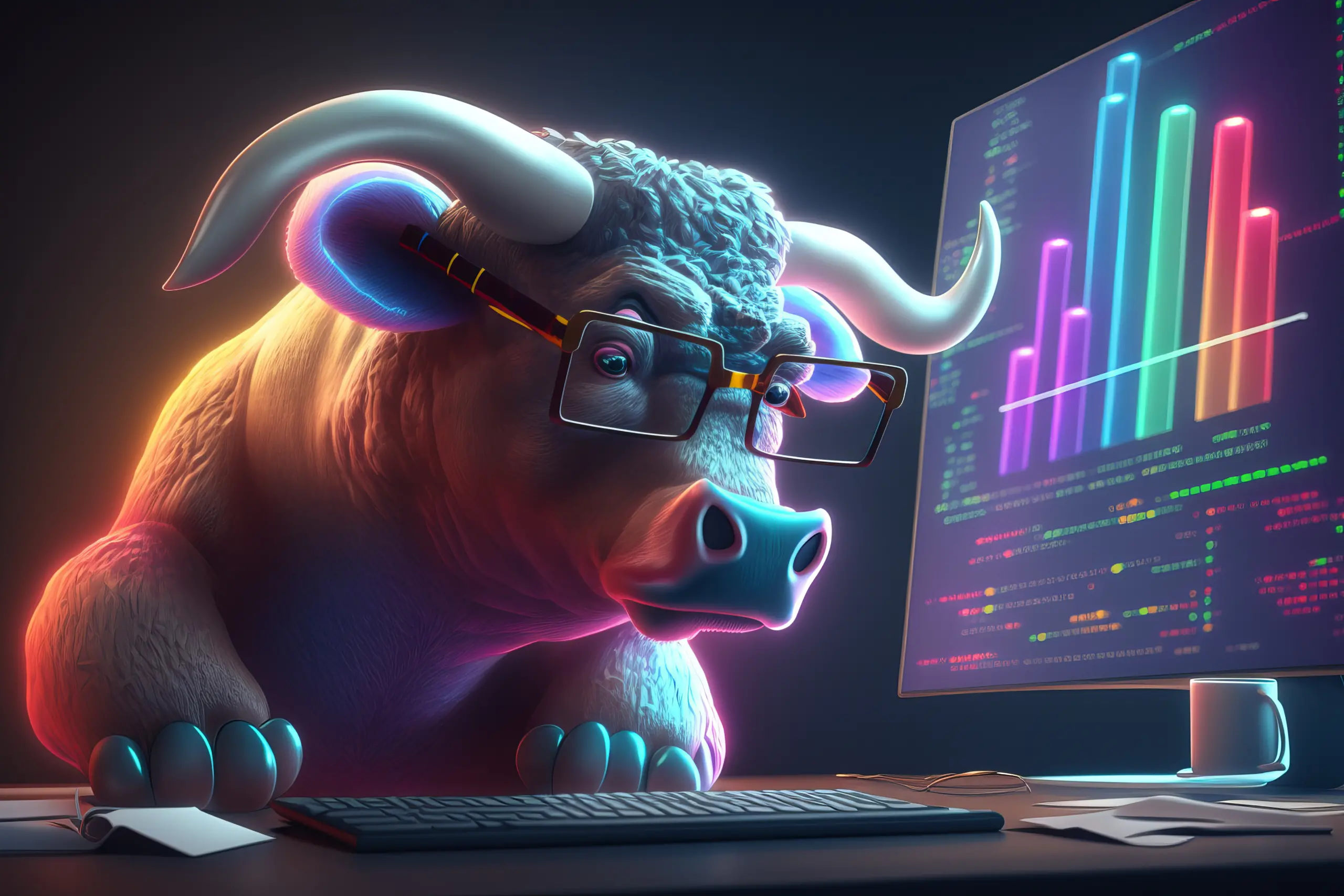 Bull trading with computer, Bullish in Stock market and Crypto currency. 