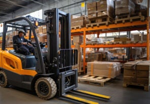 a warehouse worker driving a forklift in a warehouse full of organized boxes