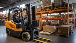 a warehouse worker driving a forklift in a warehouse full of organized boxes