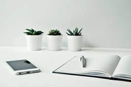 An open notebook with pen, iphone and plants on a white table