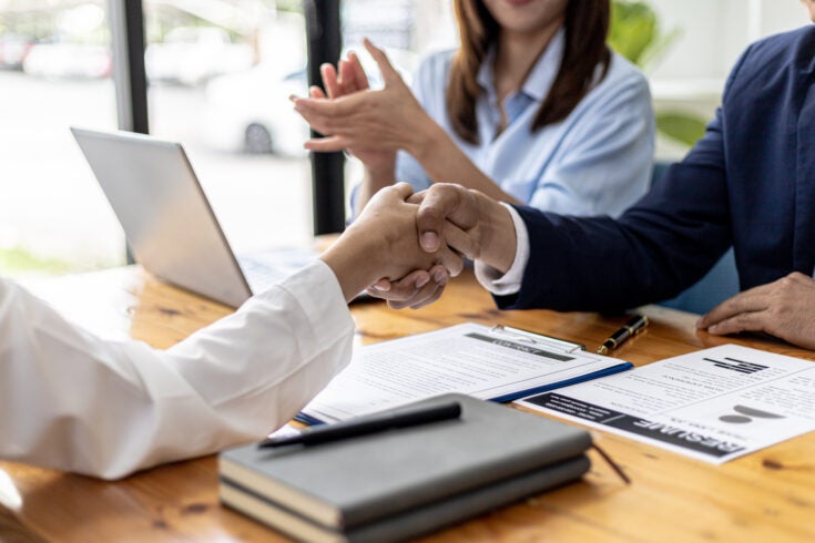 Managers and job applicants shake hands after the job interview, job interviews to find people to work with the company and talent to work with. Concept of recruitment and job interviews.