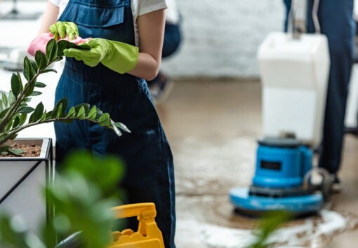 partial view of cleaner wiping office plants with rag near floor cleaning machine