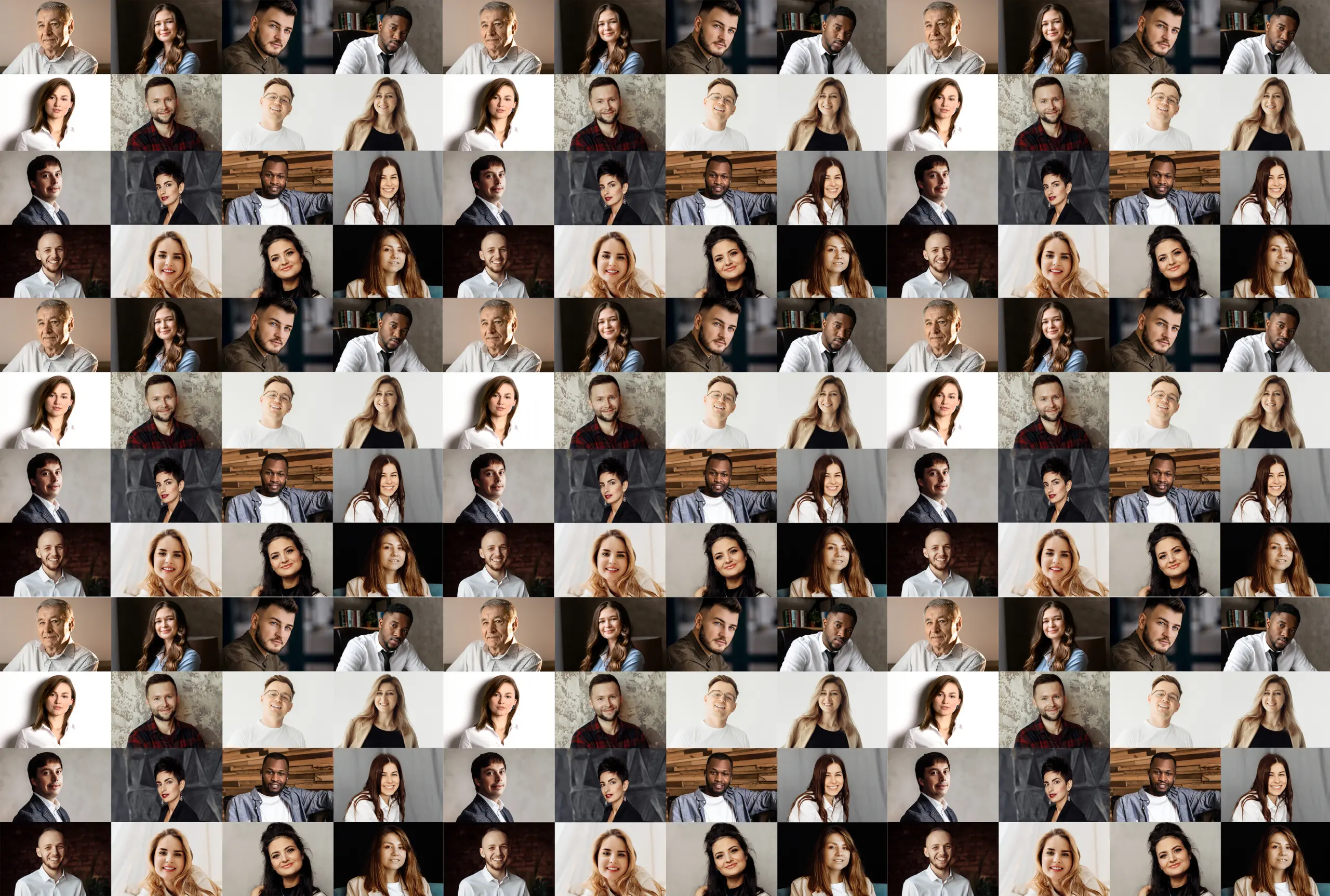 Collage of a lot of happy people. Headshots collection, collage mosaic. Many lot of multicultural different male and female smiling faces looking at camera. Many smiling faces. High quality photo