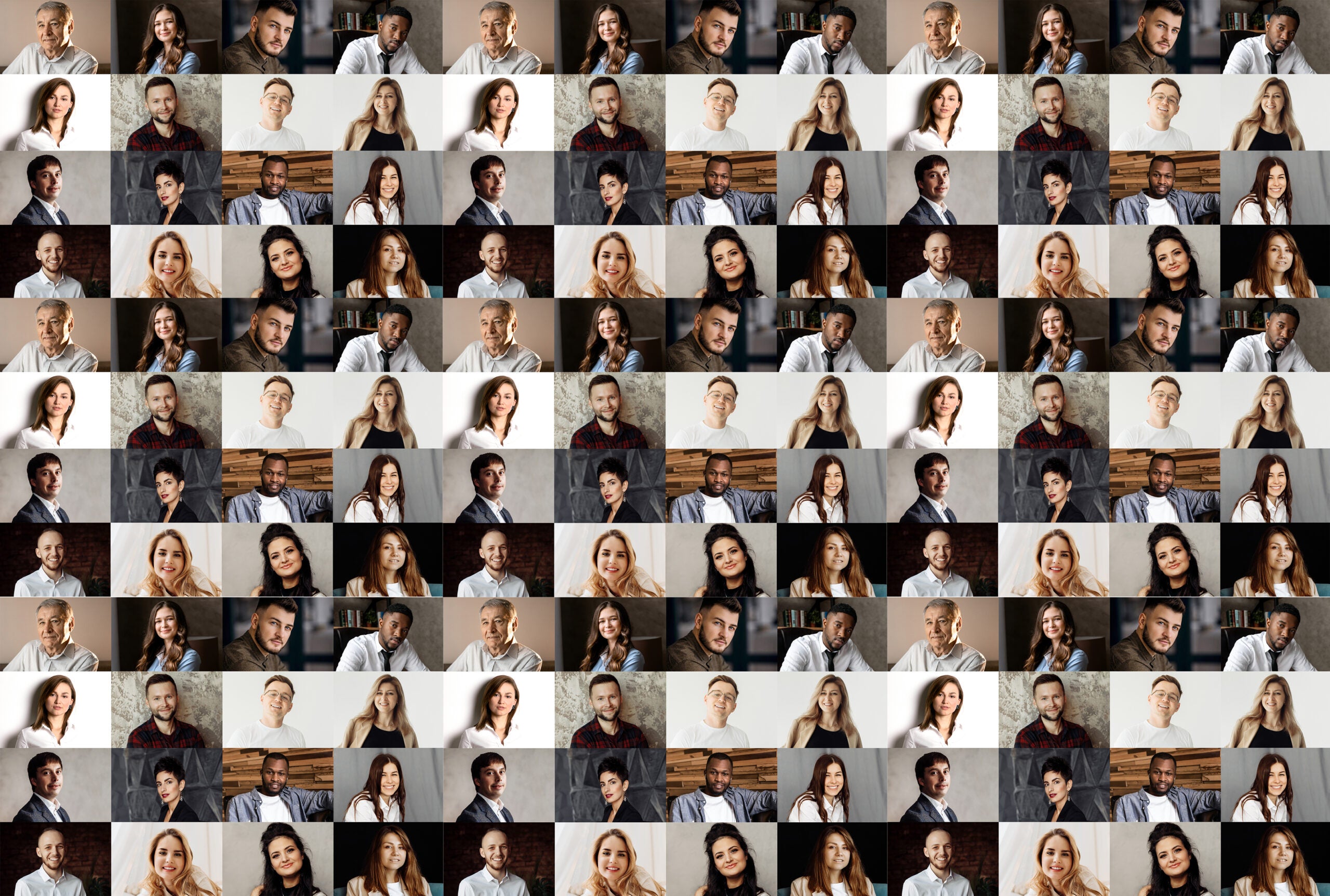 Collage of a lot of happy people. Headshots collection, collage mosaic. Many lot of multicultural different male and female smiling faces looking at camera. Many smiling faces. High quality photo
