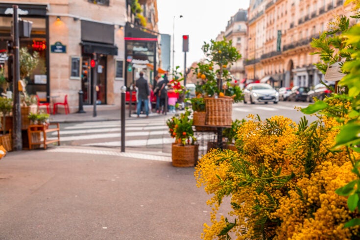 General street view from Paris, the French capital. Typical French architecture and urban view.