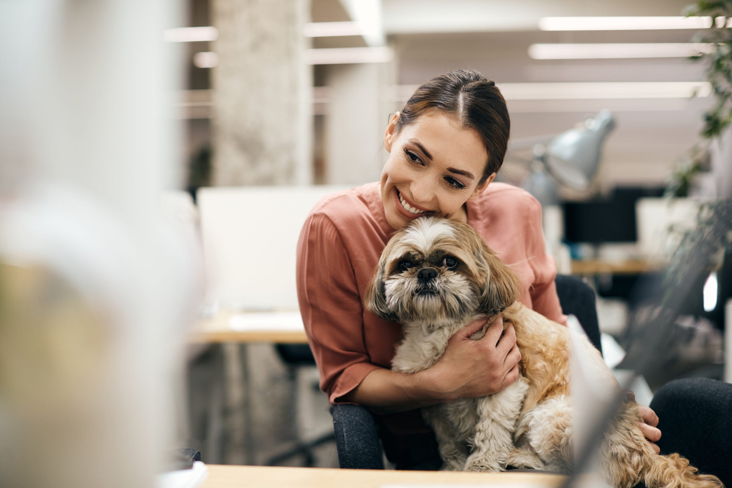 Young happy businesswoman holding her dog while taking a break from work in the office.