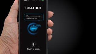 A man's hand holding mobile smartphone with chatterbot application for online information. Digital chatbot, conversational agents, robot app, conversation assistant. AI Artificial intelligence concept