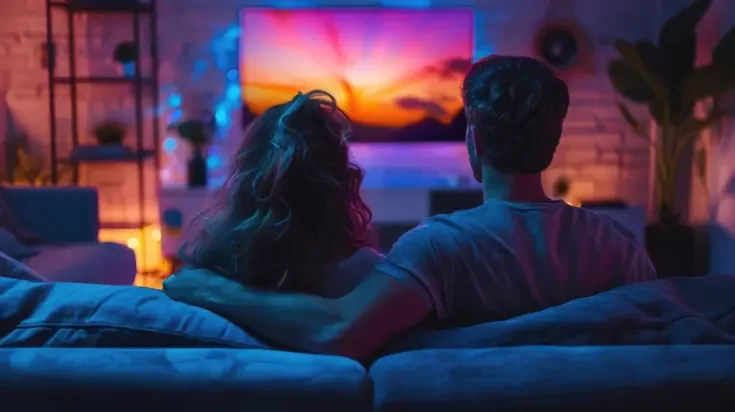 Couple watch tv together at home. Modern television. Cozy living room interior background. Cute happy people enjoy interesting movie back view. Online cinema concept. Fun evening leisure.