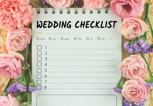 word wedding checklist note paper on pink flower background