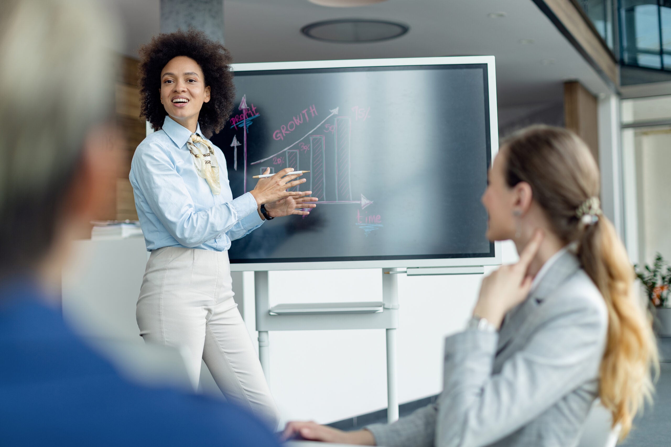 Happy African American businesswoman talking about successful progress graph on a presentation in the office.