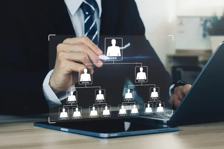 Businessman touching organization chart with hierarchy structure of teams and employees in company. Business process and workflow automation with flowchart.Human resources technology.