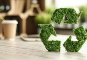 Eco-friendly business practices in an office, recycling initiative, sustainable workplace
