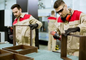 Two young workers assembling furniture in the factory