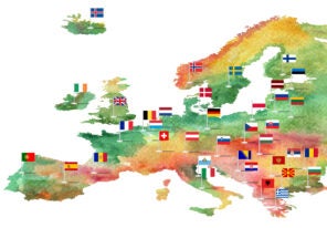 Sketch of the map of Europe painted with watercolor paints with flags of countries