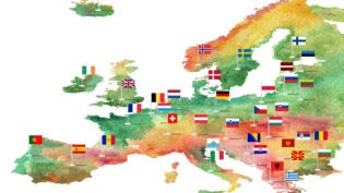 Sketch of the map of Europe painted with watercolor paints with flags of countries