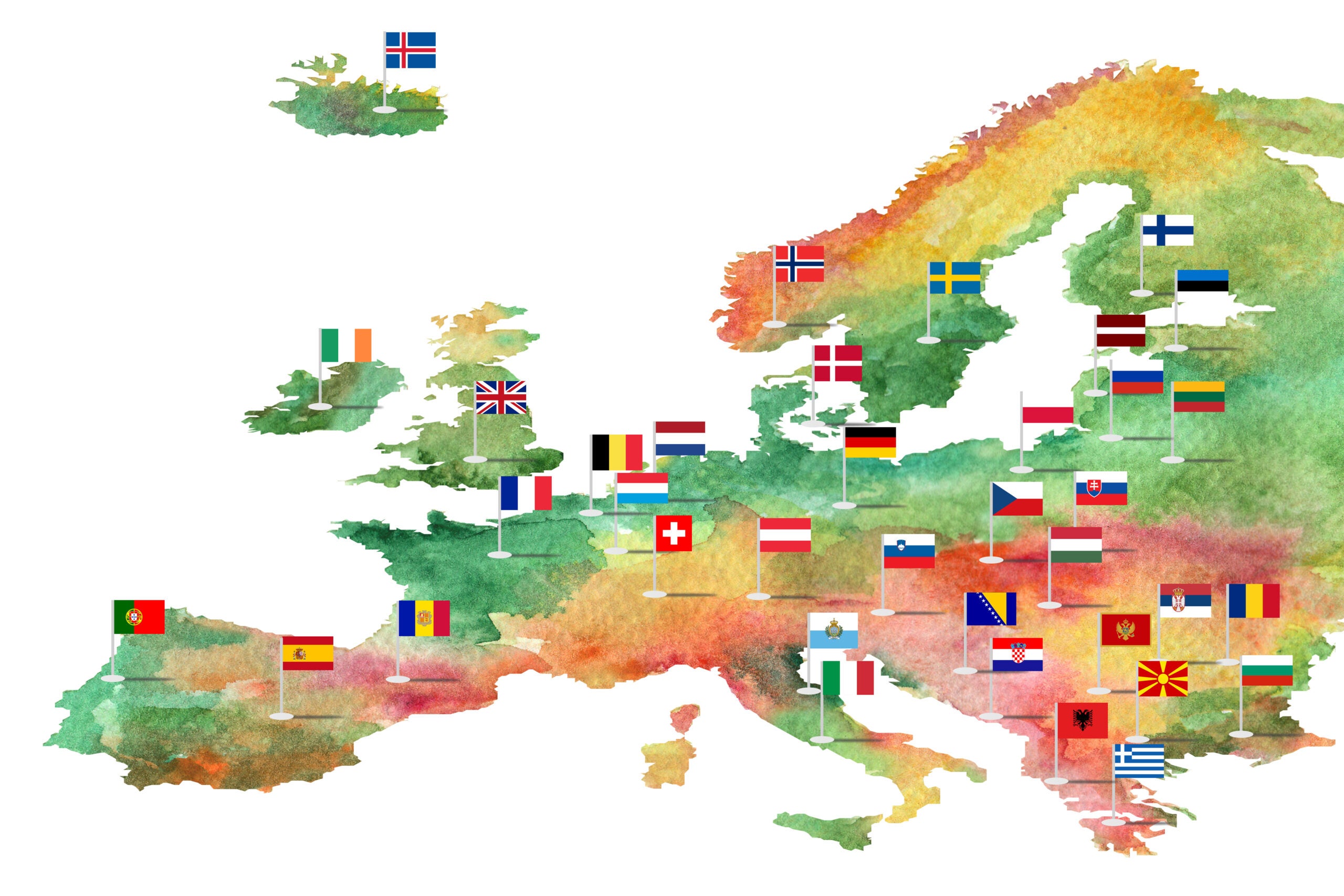 Sketch of the map of Europe painted with watercolor paints with flags of countries