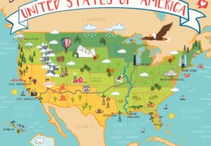 USA - hand drawn illustration, map with landmarks