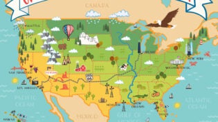 USA - hand drawn illustration, map with landmarks