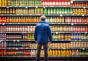 person in supermarket with variety of products in shelves