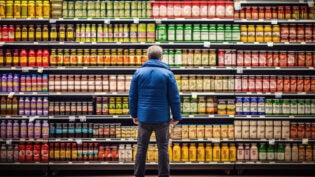 person in supermarket with variety of products in shelves