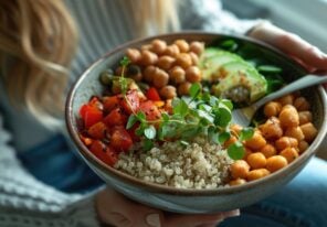 Close up view of a woman enjoying a nutritious and colorful Buddha bowl filled with quinoa chickpeas roasted vegetables and fresh greens The vibrant dish represents a balanced healthy