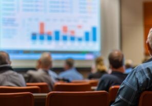 A senior citizen sits in a lecture hall listening to a speaker present a financial planning seminar