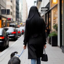 Woman walking dog in city