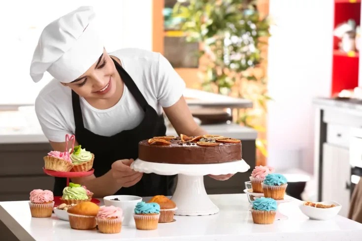 Young female confectioner with sweets in kitchen