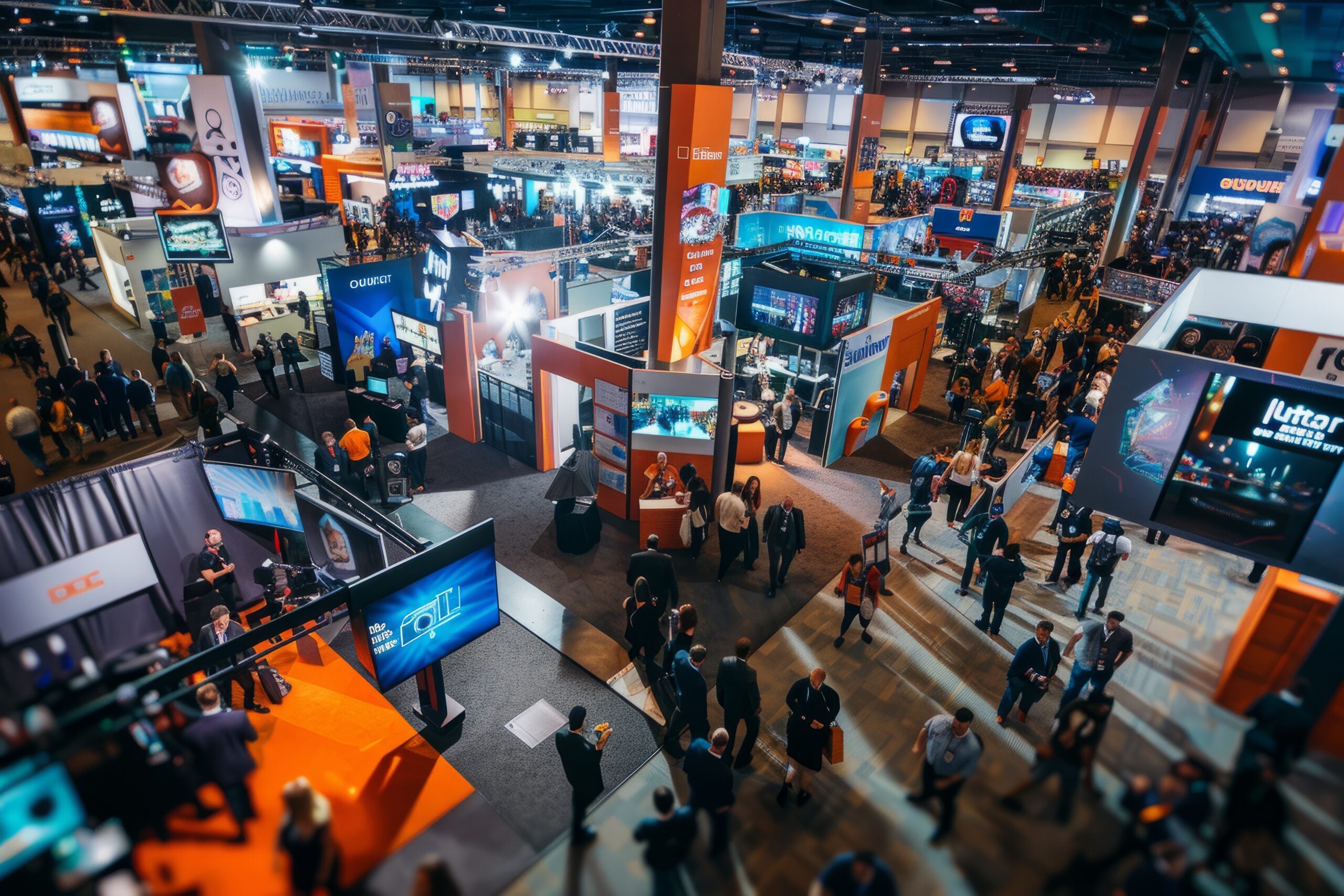 Group of attendees standing around a bustling convention hall at a tech conference or expo, showcasing innovation and excitement