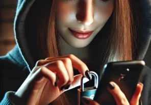 A-female-criminal-with-a-sly-expression-using-her-hand-to-unlock-a-phone.