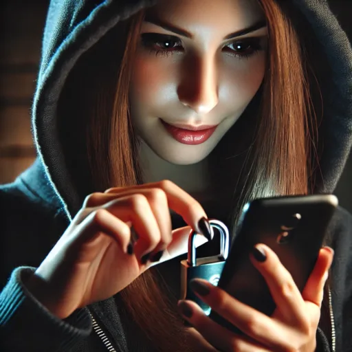 A-female-criminal-with-a-sly-expression-using-her-hand-to-unlock-a-phone.