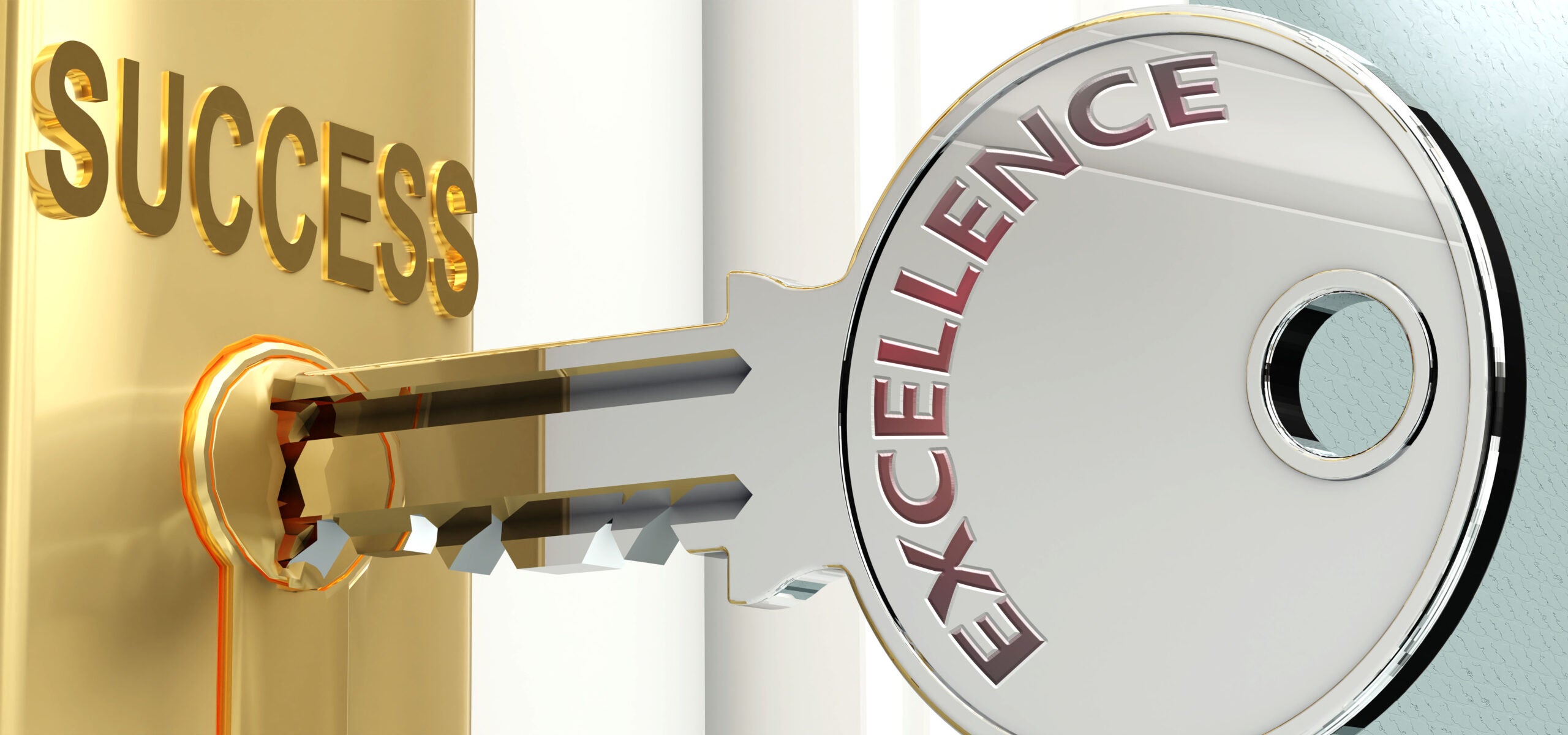 Excellence and success - pictured as word Excellence on a key, to symbolize that Excellence helps achieving success and prosperity in life and business, 3d illustration