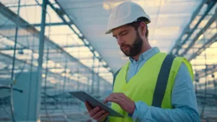 Factory worker with tablet inspecting new manufacture wearing green uniform