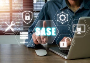 SASE, Secure Access Service Edge concept, Person hand touching Secure Access Service Edge icon on virtual screen background, password, network, framework and support