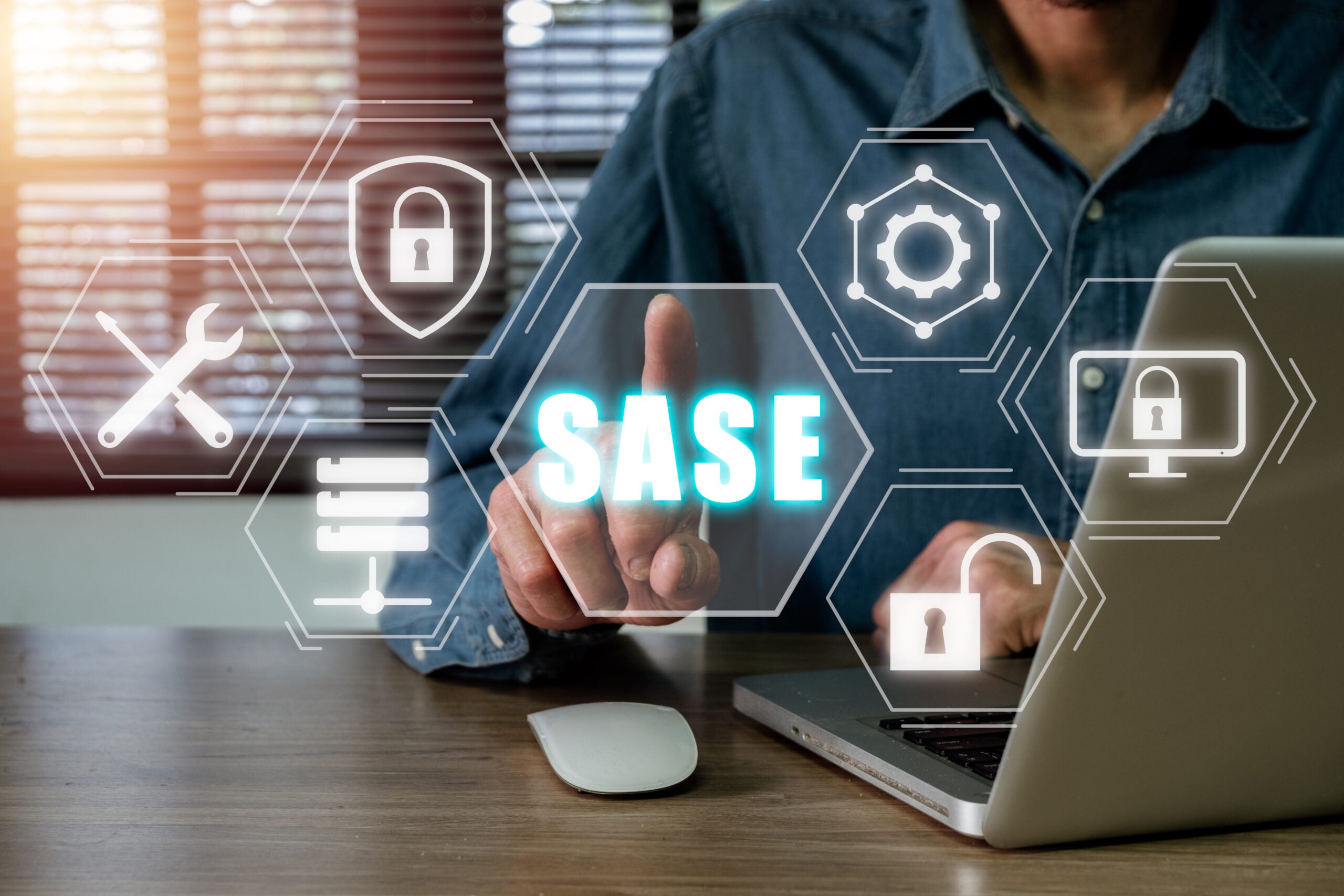 SASE, Secure Access Service Edge concept, Person hand touching Secure Access Service Edge icon on virtual screen background, password, network, framework and support