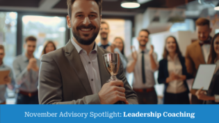 Happy winner businessman receives a business award and holding trophy with team of cheerful workers. Celebrating and congratulating their leader on great work success.