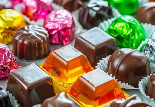 Assorted colorful chocolate candies spread out on a table, featuring vibrant colors and shiny wrappers. Generative AI