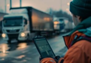 A dispatcher using a tablet to track the location of vehicles in a logistics fleet