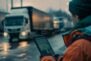 A dispatcher using a tablet to track the location of vehicles in a logistics fleet