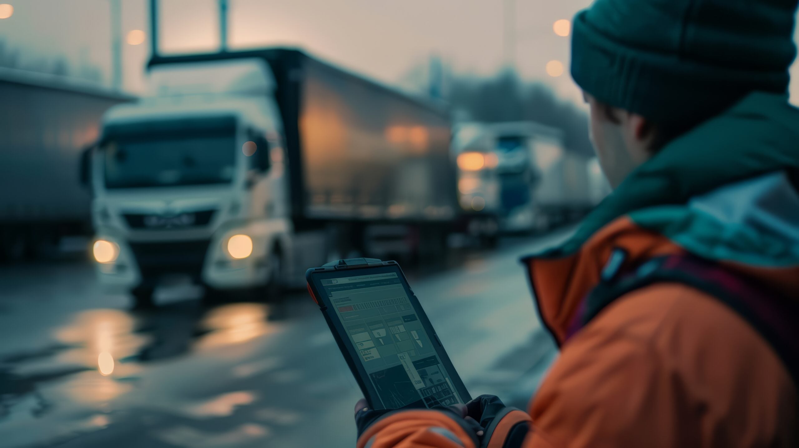 A dispatcher using a tablet to track the location of vehicles in a logistics fleet