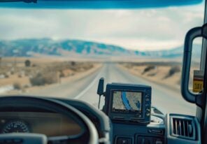 Close-Up View of a GPS Device Planning an Efficient Delivery Route in a Truck Cabin, Evening