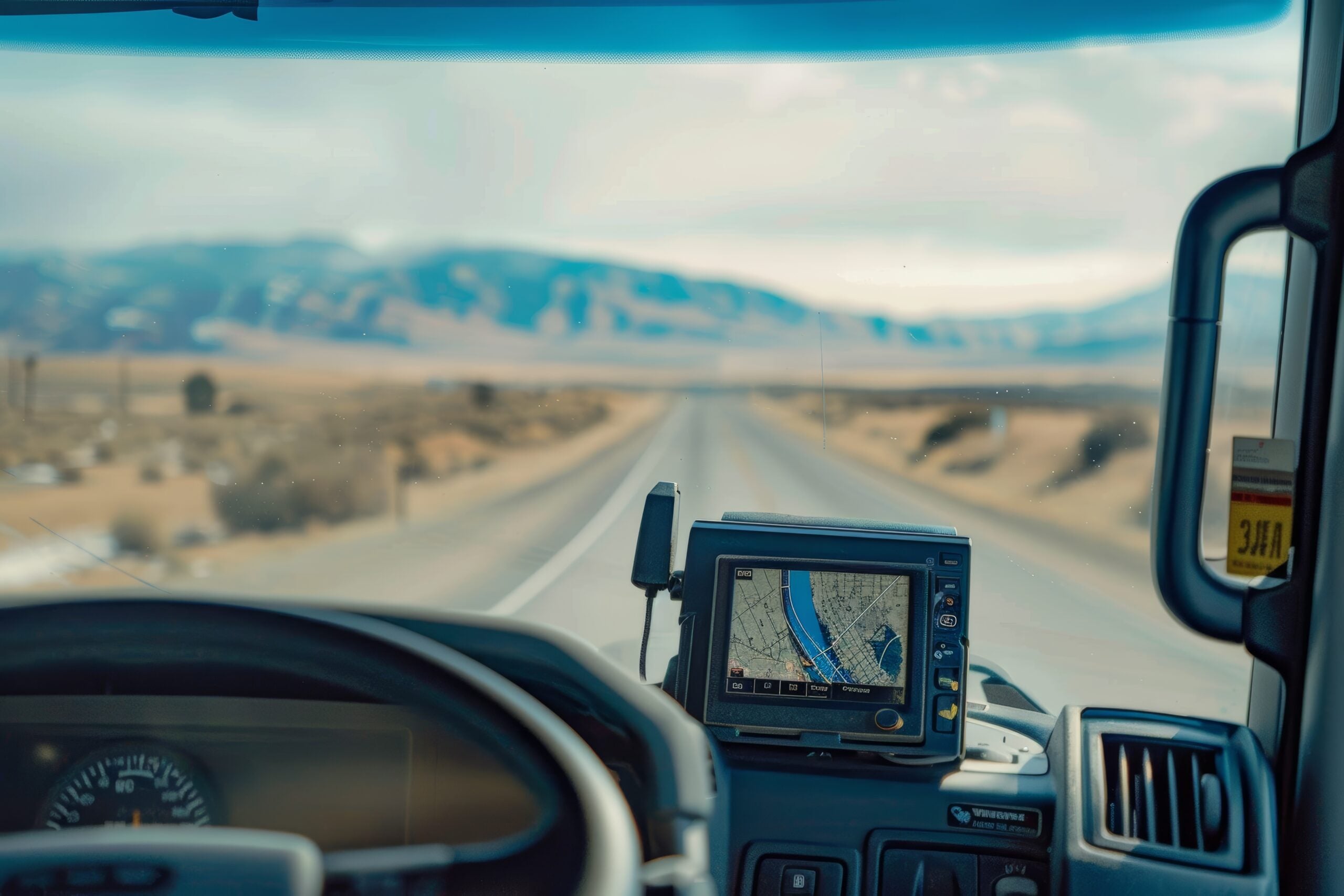 Close-Up View of a GPS Device Planning an Efficient Delivery Route in a Truck Cabin, Evening