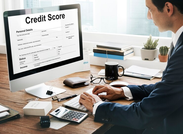 Man working on computer showing credit score info