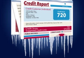 An icy, snow covered credit report in a snowstorm illustrates the idea of freezing your credit report. This is a credit freeze