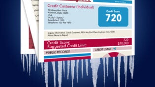 An icy, snow covered credit report in a snowstorm illustrates the idea of freezing your credit report. This is a credit freeze