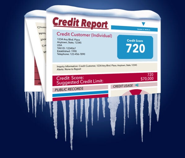 An icy, snow covered credit report in a snowstorm illustrates the idea of freezing your credit report. This is a credit freeze