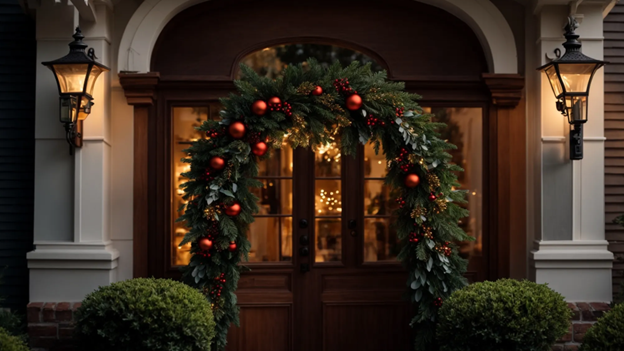 front door of house decorated for christmas