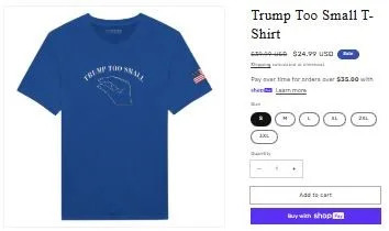 purchase page of blue t shirt with writing on it and purchase options