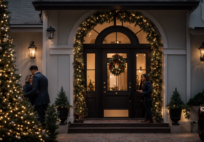 Home entrance decorated for Christmas