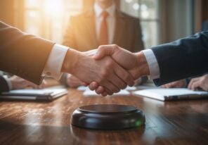 Two professionals shaking hands across a table signifies an out of court settlement in a formal setting.